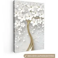OneMillionCanvasses® Leinwandbild Baum - Weiß - Abstrakt - Blume - Gold, Fotodruck (1 St), Leinwand Canvas Wandbild, Wanddekoration 20x30 cm