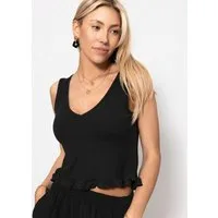 SASSYCLASSY T-Shirt Rüsschentop Damen mit V-Ausschnitt Ärmelloses Top Rüschenabschluss am Saum weiß schwarz rosa buttergelb
