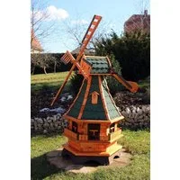 Holzdekoladen Deko-Windrad XL Gartenwindmühle aus Holz mit Solarbeleuchtung & Dachgauben