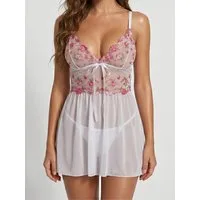 Elegant Love Schlafanzug Zartes Dessous-Set mit Blumenstickerei, Kimono & G-String (Set, 2 tlg., mit String) Sexy Mesh-Nachtwäsche mit V-Ausschnitt, rückenfreiem Design & Tanga