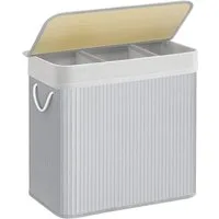 SONGMICS Wäschekorb 3 Fächer, 150 L Wäschesammler mit Deckel, Wäschebox Bambus, faltbar, Wäschesack herausnehmbar maschinenwaschbar, Waschküche