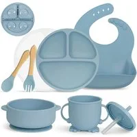 LuxusKollektion Kindergeschirr-Set Babygeschirrset Silikon Saugnapf BPAfrei 7tlg Esslernset Blau