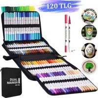 MOPUEA Filzstift 120 Farben Dual Tip Marker Stifte Lackmarker Buntstift, (Doppeltipp-Stifte mit Aufbewahrungstasche, 120-tlg), Pinselstifte Permanentmarker Filzstift, Handlettering