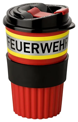 Bio Coffee To-Go Becher, rot mit gelb-silber-gelb Streifen in Feuerwehroptik und Aufdruck "FEUERWEHR