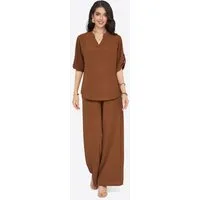 Imily Bela Hausanzug Damen 2-teiliges Freizeit-Set mit Roll-up-Ärmeln und Palazzohose (Set, 2 tlg., Bluse + Palazzohose) in Unifarbe