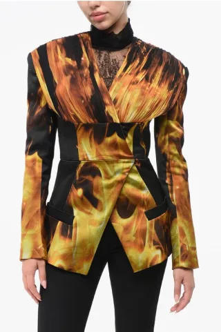 Bedruckter FIRE-Blazer ohne Kragen aus Satin in Orange