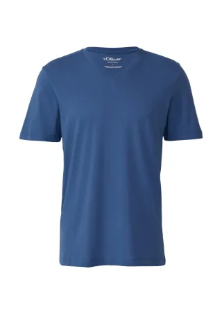 s.Oliver Red Label - Baumwoll-T-Shirt mit V-Ausschnitt und Logo blau - Gr. - M