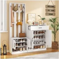 MODFU Garderoben-Set 3-in-1 Lösung, (Wandhängeschrank, Flurtrockenständer, Kleiderschrank, 1-St., 140*32*180cm), Kombination: Bank + Garderobenpaneel + Schuhschrank