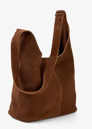 bonprix Beuteltasche aus Veloursleder, braun, Gr.28x27 cm, Lässige Beuteltasche aus Veloursleder, aus Veloursleder