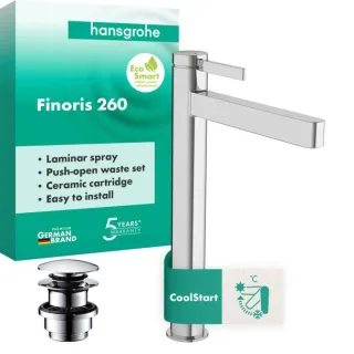 hansgrohe Finoris Einhebel-Waschtischarmatur 76072000 mit Push-Open-Ablaufgarnitur, Ausladung 208mm, chrom