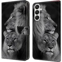 CLM-Tech Handytasche für Samsung Galaxy A56 5G Hülle aus PU-Leder Klapphülle (Löwe in schwarz grau, Schutzhülle mit Standfunktion, Kartenfächern), und Magnetverschluss