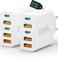 GreenHec Schnellladegerät USB C Ladegerät 65w Fast Charger Adapter 2x Schnelllade-Gerät (50 mA, Spar-Set, 65w Penta Charger 2er Pack, für Apple iPhone, Samsung, Xiaomi, Google Mehrfach Multi Netzteil)