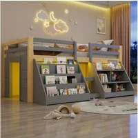 Flieks Hochbett Kinderbett Halbhochbett Holzbett 90x200cm mit 2 Stauraumregal und LED