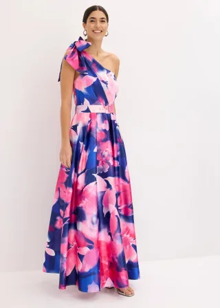 bonprix One-Shoulder-Kleid aus glänzendem Satin, blau, Gr.34, Modern und femin: One-Shoulder-Kleid in Maxi-Länge aus glänzendem Satin mit Gürtel und Allover-Print, womit es jedes Teil zu einem Unikat macht.