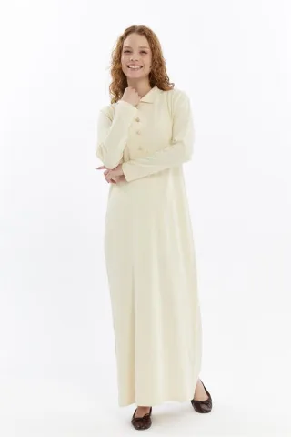 Damen Hemd Kragen Detailed Halbplacket Thin Seasonal Cold Yarn Strickwaren Kleid Ecru