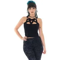 Jawbreaker Crop-Top Gothic Pentagram Strap Goth Grufti Okkult Bauchfrei Oberteil