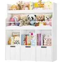 HOMECHO Spielzeugtruhe Kinderregal mit 5 Fächern und Rollschubladen, Weiß Kinderbücherregal für Schlafzimmer Kinderzimmer 110x100x30cm