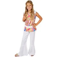 dressforfun Hippie-Kostüm Tänzerin, auch Partygängerin, in weiß, Inkl. Gürtel und Haarband, Gr. 140 (9-10 Jahre), Discomuster, Weiße Schlaghose mit Gummibund