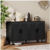 FUROKOY Sideboard Rattan Küchenschrank us Holz (Buffetschrank Highboard mit 4 Rattan Türen), für Schlafzimmer, Wohnzimmer, Flur, 140 x 40 x 80 cm, Schwarz