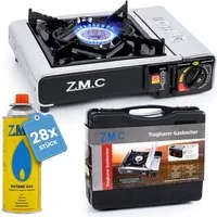 ZMC Gaskocher Edelstahl Gaskocher 1-flammig + Aufbewahrungskoffer + 28 Gaskartuschen, (Butangas Campingkocher für Innenraum/Outdoor, Campinggaskocher 2,2 kW mit Piezozündung, Piezozündung), Kochfeld Herd Gaskocher mit Kartusche, Gaskochfeld für Campi