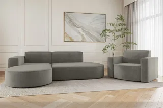 Sofa Set 2-teilig Sessel und Ecksofa PALMA XS Stoff Noel Grau Ottomane Links