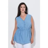 Ulla Popken Spitzenbluse Jeansbluse A-Linie V-Ausschnitt ärmellos