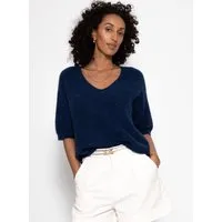SASSYCLASSY Strickpullover Strickoberteil mit V-Ausschnitt für Damen Feinstrickpullover mit halblangen Ärmeln im lockeren Schnitt