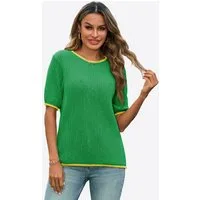 Imily Bela Kurzarmpullover Damen Kurzarm Strickpullover mit Puffärmeln Rundhals Sommer (Packung, 1-tlg., 1per-Pack) mit Kontrastborten gehäkelt