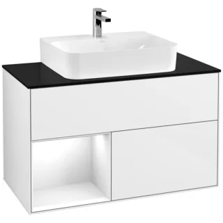 Villeroy und Boch Finion Waschtischunterschrank G112GFGF 100cm, Abdeckplatte black matt, Emotion, Regal links Glossy white lacquer, Glossy white lacquer
