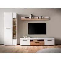 Home affaire Wohnwand Salerno, moderne Anbauwand, Wohnzimmer-Set, Weiß mit Eiche Evoke Dekor, (Set, 3-St), enthält Vitrine, Lowboard + Wandboard, Metallgriffe, 287 cm breit