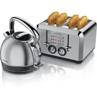 Arendo Frühstücks-Set Edelstahl Wasserkocher 1,7l, 4-Scheiben Kurzschlitz Toaster, silber (2-tlg), Retro Wasserkocher mit Temperatureinstellung, Vintage Toaster
