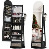 LVSOMT Schmuckschrank 360° Drehbar, LED Bogen Schmuckschrank mit Spiegel, 163x37cm Stehender Holzschrank mit 3-stufigem Regal
