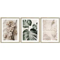 ARTFAVES Bilder-Collage Poster Set Beige Green Calmness Trio I mehrteilige Bilderwand I Wandbi, (Wandbilder modern, 3 St)