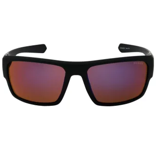 Guess – Schwarze Sonnenbrille mit gebogenem Rahmen und rosa Gläsern