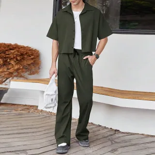 INCERUN Men Two Pieces Set Fashion Solid Color Short Shirt + Pants Summer Casual Daily Mens Clothing Set
