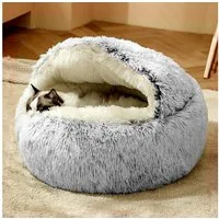 CALIYO Tierbett Flauschiges Katzenbett, rund, weiches Plüsch, Höhle mit Kapuze, Kunstpelz, Rutsch- und wasserdichte Unterseite