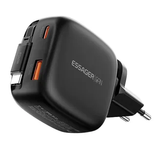 [GaN Tech] ESSAGER ES-CD60 65W 2-Port USB PD Charger with USB-C Retractable Cable+USB-A+USB-C PD3.0 QC4.0 PPS Fast Charg