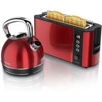 Arendo Frühstücks-Set Edelstahl Wasserkocher 1,7l, 2-Scheiben Langschlitz Toaster, rot (2-tlg), Frühstücksset, Wasserkocher Retro, 2200W, Toaster Brötchenaufsatz