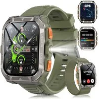 IOWODO Smartwatch Herren W80 Pro–GPS,Kompass 2.0,900mAh Akku,Bluetooth Anrufe Smartwatch Set, mit Wechselband aus weichemSilikon und Ladekabel, 15 Tage Akku,LED-Taschenlampe,SOS,IP68,Für Outdoor&Abenteuer,2 Armband