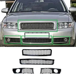 Kühlergrill + Stoßstange Waben Gitter LINKS + RECHTS + MITTE SCHWARZ GLANZ für Audi A4 8E B6 ab 2001-2005