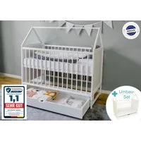 Kids Collective Babybett Beistellbett Kinderbett und Hausbett in einem mit Schublade, 120x60 weiß, höhenverstellbar und umbaubar
