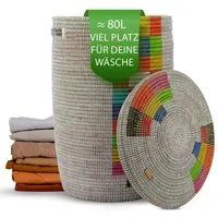 YAADU Wäschekorb mit flachem Deckel 80L – Wäschesammler, Wäschetruhe, Aufbewahrungskorb, Handgefertigt in Afrika aus traditioneller Flechtkunst
