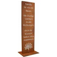 Rostikal Gartenfigur Gartenschild Familie Edelrost 100/55 cm – Bodenplatte/Stecker, Spruchtafel mit Baum-Motiv – wetterfest für Garten & Eingang