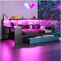 REDOM Schlafsofa Kinderbett Funktionsbett, mit Schreibtisch, LED-Beleuchtung und Stauraum 90x200 cm, Inklusive Matratze