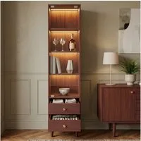 BBWL Vitrine mit LED-Beleuchtung, Bücherschrank aus Holz, Glastür & 2 Schubladen (Vitrinen-Hochschrank, Retro-Design mit goldfarbenen Griffen)