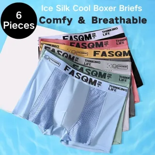 6pcs Men's Ice Silk Cool Soft Seamless Comfy Boxers Briefs Underwear, Mesh Breathable Comfy Stretchy Trunks, Men's Casua