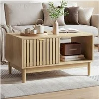BBWL Couchtisch 80 cm mit Schublade offenen Regalen Massivholzbeine Stauraum modern, Mid Century Wohnzimmertisch
