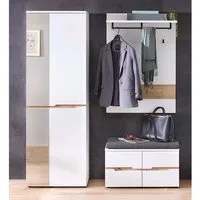 Lomadox Garderoben-Set MANRESA-36-WHITE, (Spar-Set, 3-St., Garderobenschrank Garderobenpaneel Schuhbank), in weiß mit Eiche, grifflos, mit Garderobenbank inkl. Sitzpolster