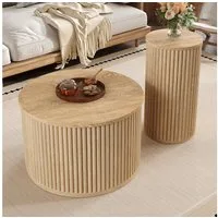 STILVORA Couchtisch mit Stauraum,Beistelltisch doppelter runder Tisch für Wohnzimmer (Packung, 2-St., Ein runder Haupt- und ein zweiter runder Couchtisc), Beistelltisch mit Naturholzlatten,mit Ablagefächer