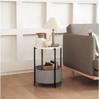 HOMCOM Beistelltisch mit Korb aus Stoff, Stauraum, Rund (Couchtisch, 1-St., Kaffeetisch), für Wohnzimmer, Schlafzimmer, 44 x 44 x 56 cm, Stahl, Grau+Weiß